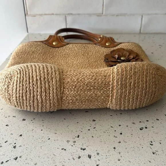 Coach Bleecker Natural Straw Tan Tote Handbag with Leather Accents Boho Vacation - Picture 6 of 16